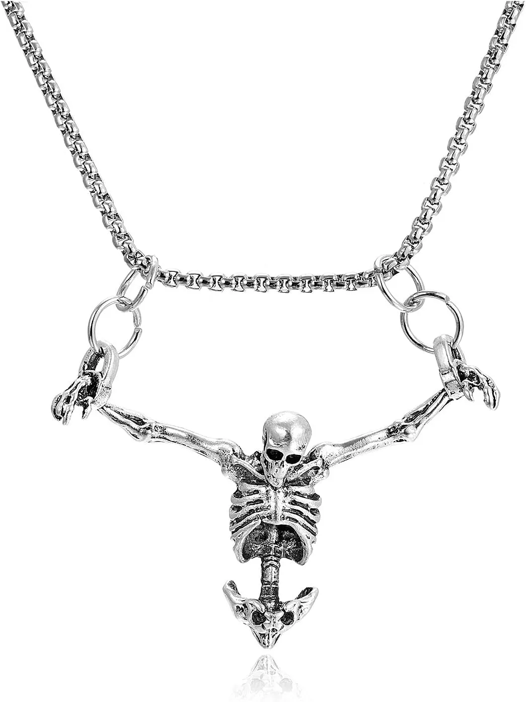 GIGB PBDK Gothic Silver Captivity Skull Necklace for Men Women,Horror Big Skeleton Pendant Box Chain Necklace Grunge Accessory,Modern Punk Halloween Jewelry
