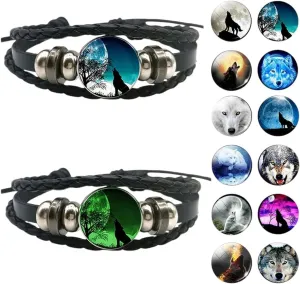 Glow In The Dark Wolf Head Bracelet Multilayer Leather Bracelet Charm Women Men Fashion Luminous Bracelets Wolf Jewelry