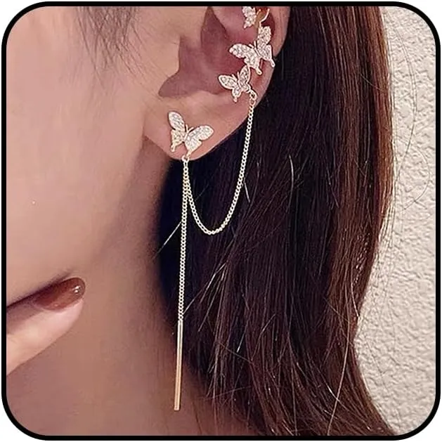 Gold Asymmetrical Crystal Butterfly Earrings for Women, Chain Tassel Rhinestone Butterfly Ear Cuff Earring,Dainty Double Butterfly Stud Earring