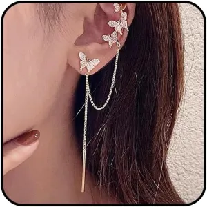 Gold Asymmetrical Crystal Butterfly Earrings for Women, Chain Tassel Rhinestone Butterfly Ear Cuff Earring,Dainty Double Butterfly Stud Earring