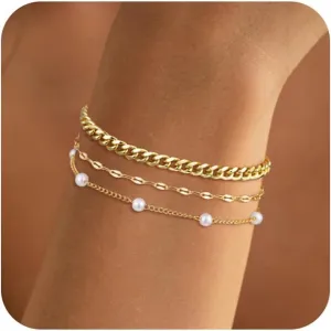 Gold Bracelets Stack for Women Waterproof Dainty 14K Gold Plated Bracelet Set Stackable Cuban Link Paperclip Chain Fashion Jewelry