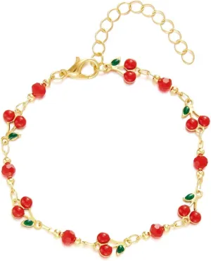 Gold Cherry Bracelet for Women Dainty Cherry Chain Bracelet Colorful Evil Eye Heart Link Bracelet Adjustable Summer Beach Jewelry