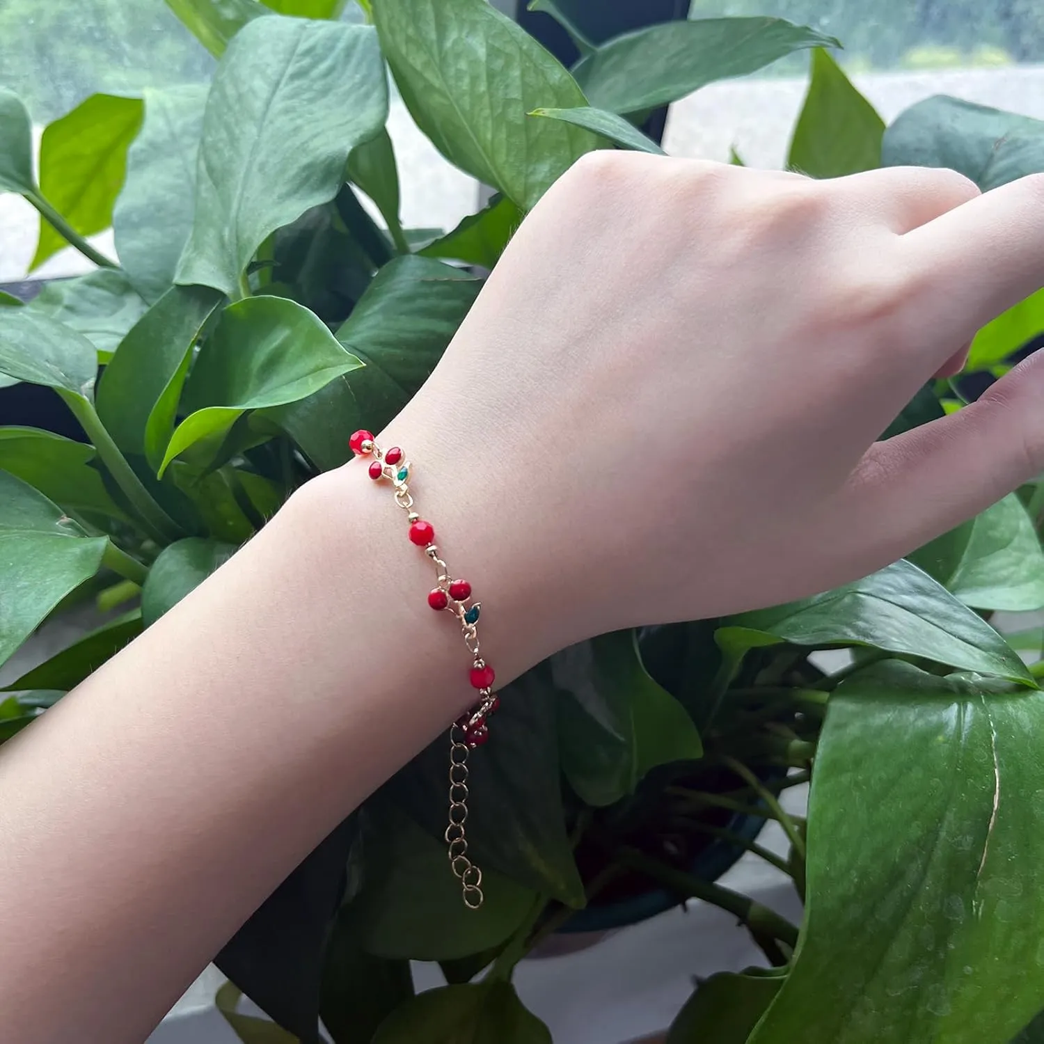 Gold Cherry Bracelet for Women Dainty Cherry Chain Bracelet Colorful Evil Eye Heart Link Bracelet Adjustable Summer Beach Jewelry