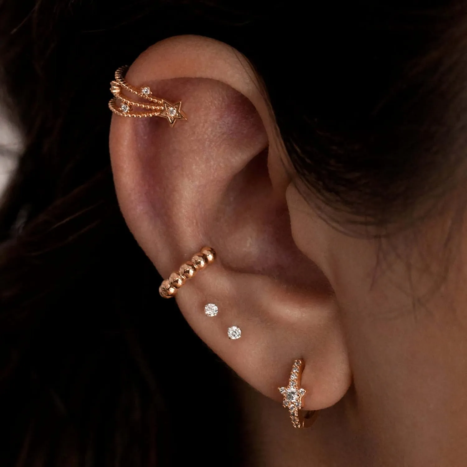 Gold Diamond Star Ear Cuff  Triple Tiered Celestial Cuff Earring, Ear Wrap Jewelry