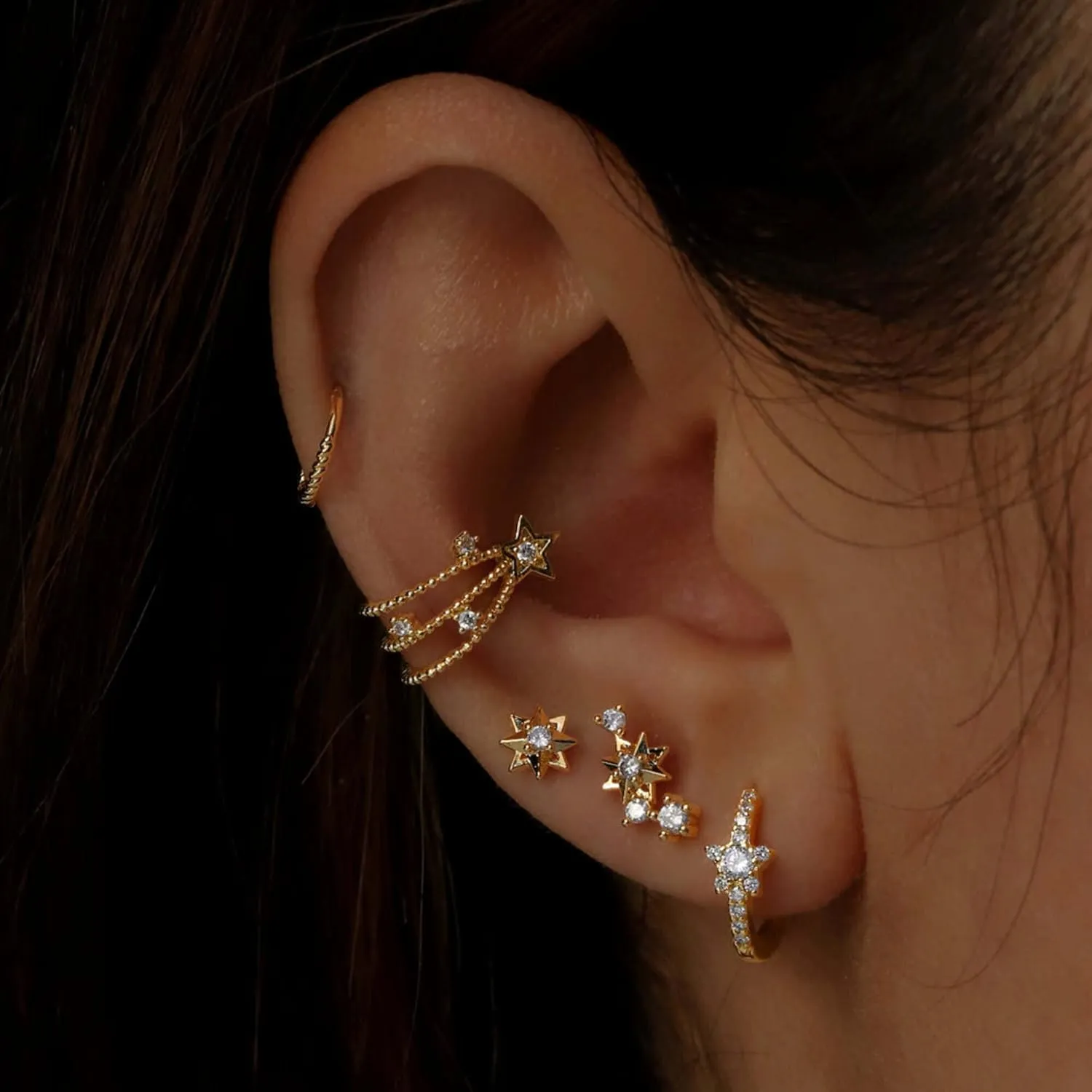 Gold Diamond Star Ear Cuff  Triple Tiered Celestial Cuff Earring, Ear Wrap Jewelry