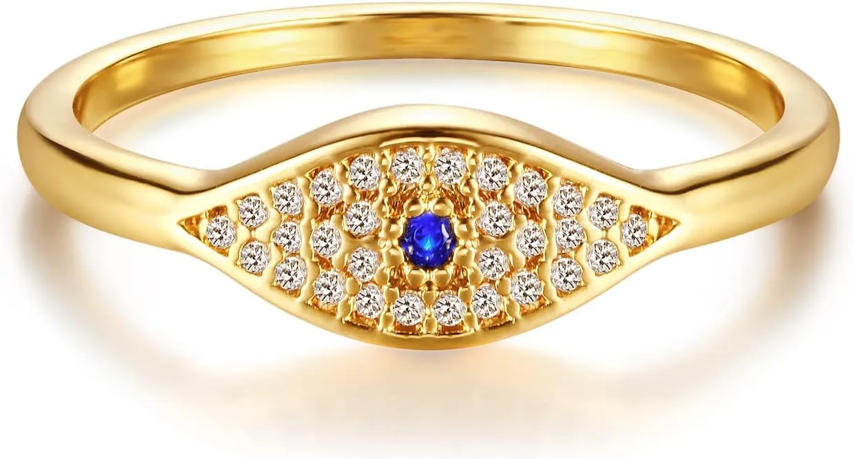 Gold Evil Eye Ring for Women Cubic Zirconia 14K Gold Plated Minimalist Stack Thin Band Finger Jewelry Size 5-8