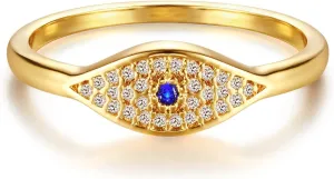 Gold Evil Eye Ring for Women Cubic Zirconia 14K Gold Plated Minimalist Stack Thin Band Finger Jewelry Size 5-8
