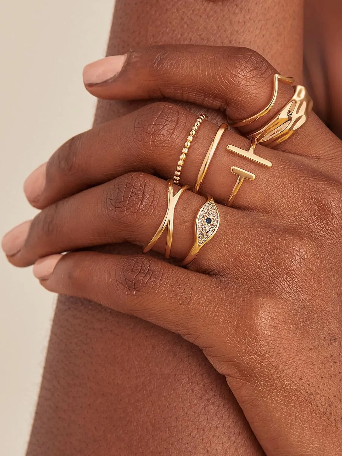 Gold Evil Eye Ring for Women Cubic Zirconia 14K Gold Plated Minimalist Stack Thin Band Finger Jewelry Size 5-8