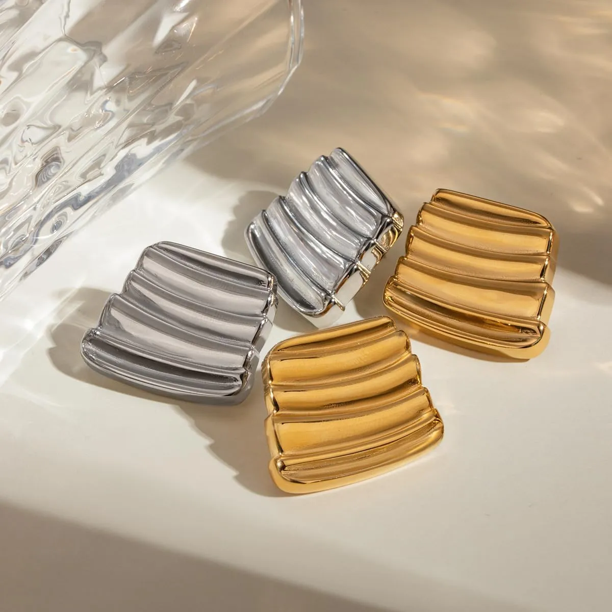 Gold Geometric Earrings for Women, Irregular Square Stud Earrings, Textured Earrings, 18k Stainless Steel Trapezoidal Pleated Earrings, Hypoallergenic Lightweight