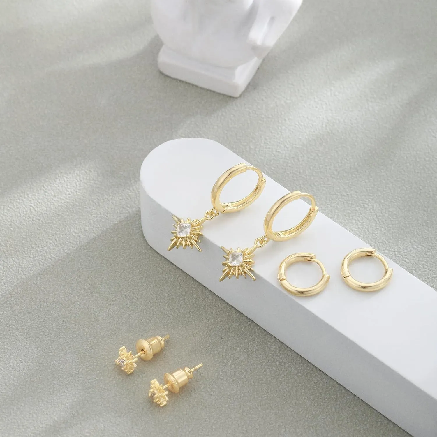 Gold Huggie Hoops Earrings Set for Women, Hypoallergenic 14K Gold Plated Studs Hoop Earrings Set for Multiple Piercings, Dainty Heart Z Cartilage Cross Earring Zircon Small Jewelry Gifts