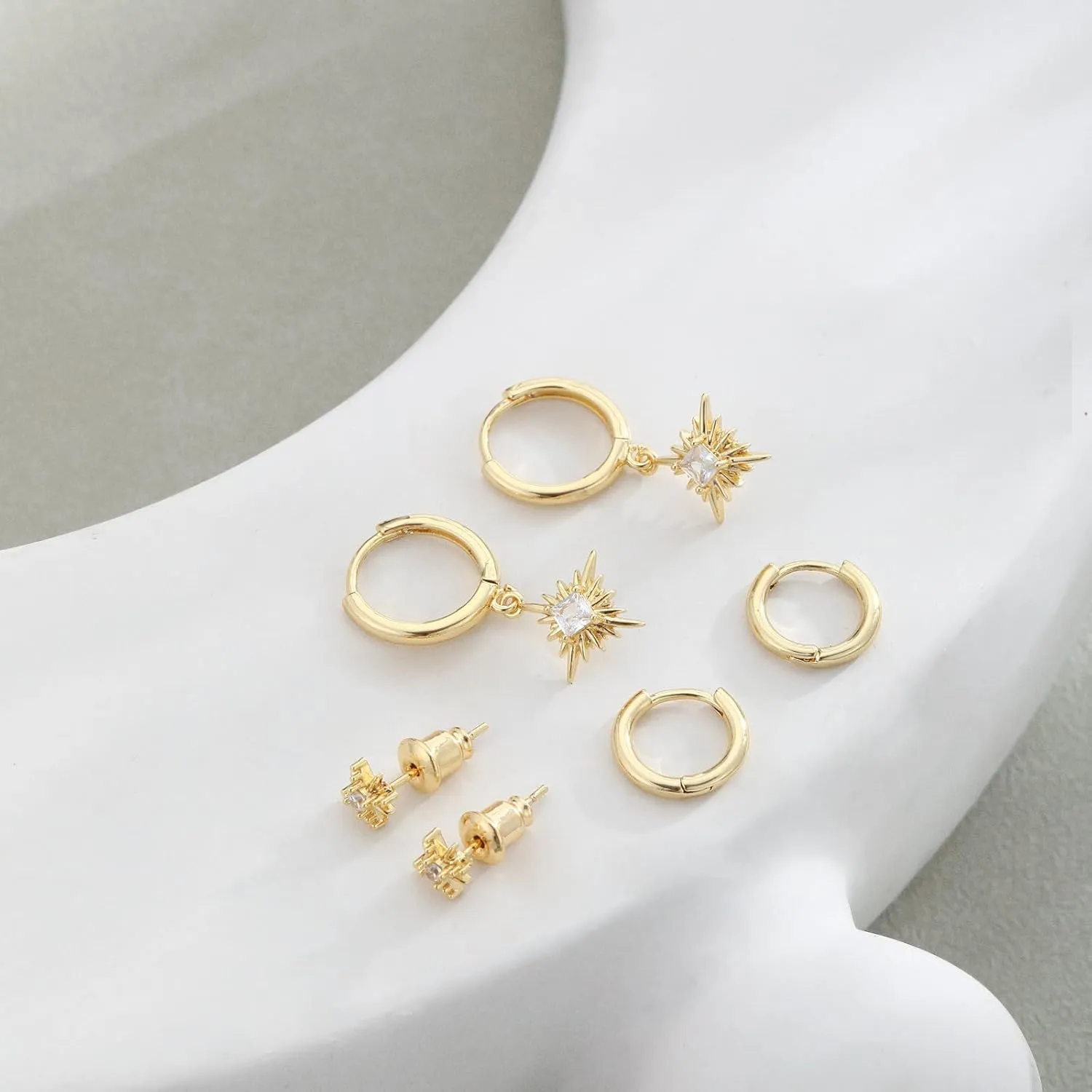 Gold Huggie Hoops Earrings Set for Women, Hypoallergenic 14K Gold Plated Studs Hoop Earrings Set for Multiple Piercings, Dainty Heart Z Cartilage Cross Earring Zircon Small Jewelry Gifts