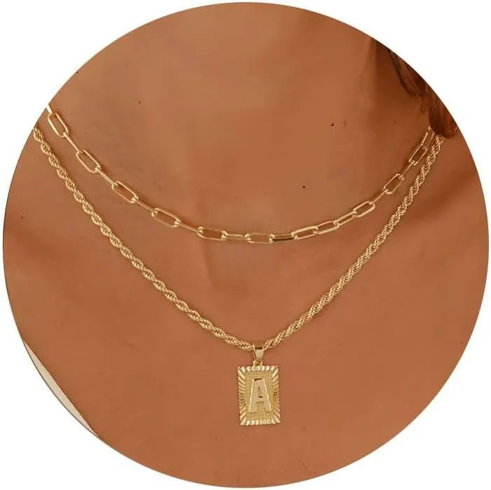 Gold Initial Necklace for Women 14K Gold Plated Dainty Letter Necklce Paperclip Rope Chain Layering Square Letter Pendant A-Z Necklace Personalized Jewelry Gift for Women Mother's Day Anniversary Birthday Gift