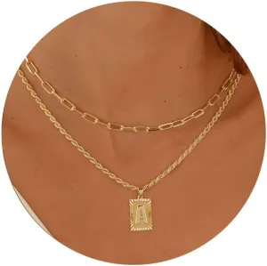 Gold Initial Necklace for Women 14K Gold Plated Dainty Letter Necklce Paperclip Rope Chain Layering Square Letter Pendant A-Z Necklace Personalized Jewelry Gift for Women Mother's Day Anniversary Birthday Gift