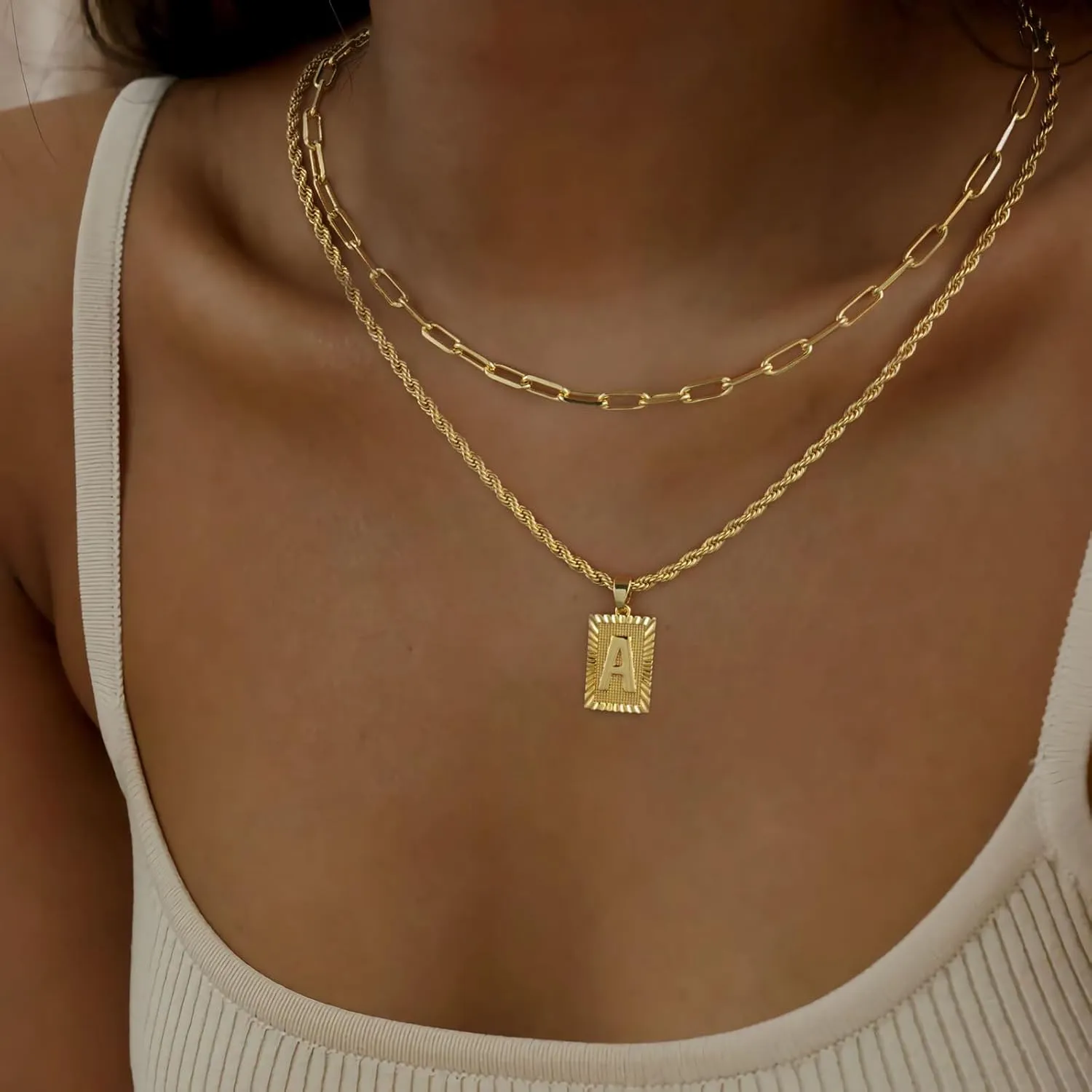Gold Initial Necklace for Women 14K Gold Plated Dainty Letter Necklce Paperclip Rope Chain Layering Square Letter Pendant A-Z Necklace Personalized Jewelry Gift for Women Mother's Day Anniversary Birthday Gift