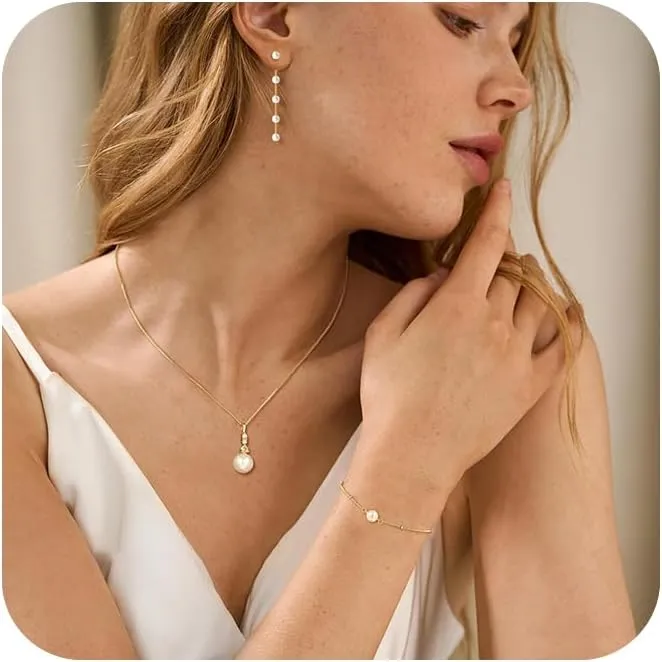 Gold Jewelry Set for Women, Dainty 14K Gold Plated Pearl Necklace and Pearl Earring Set Pearl Drop Earrings Pearl Bracelets Pearl Choker Necklace Wedding Jewelry Set for Gift
