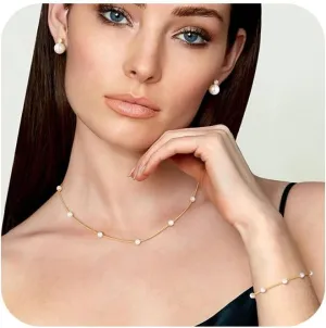 Gold Jewelry Set for Women, Dainty 14K Gold Plated Pearl Necklace and Pearl Earring Set Pearl Drop Earrings Pearl Bracelets Pearl Choker Necklace Wedding Jewelry Set for Gift