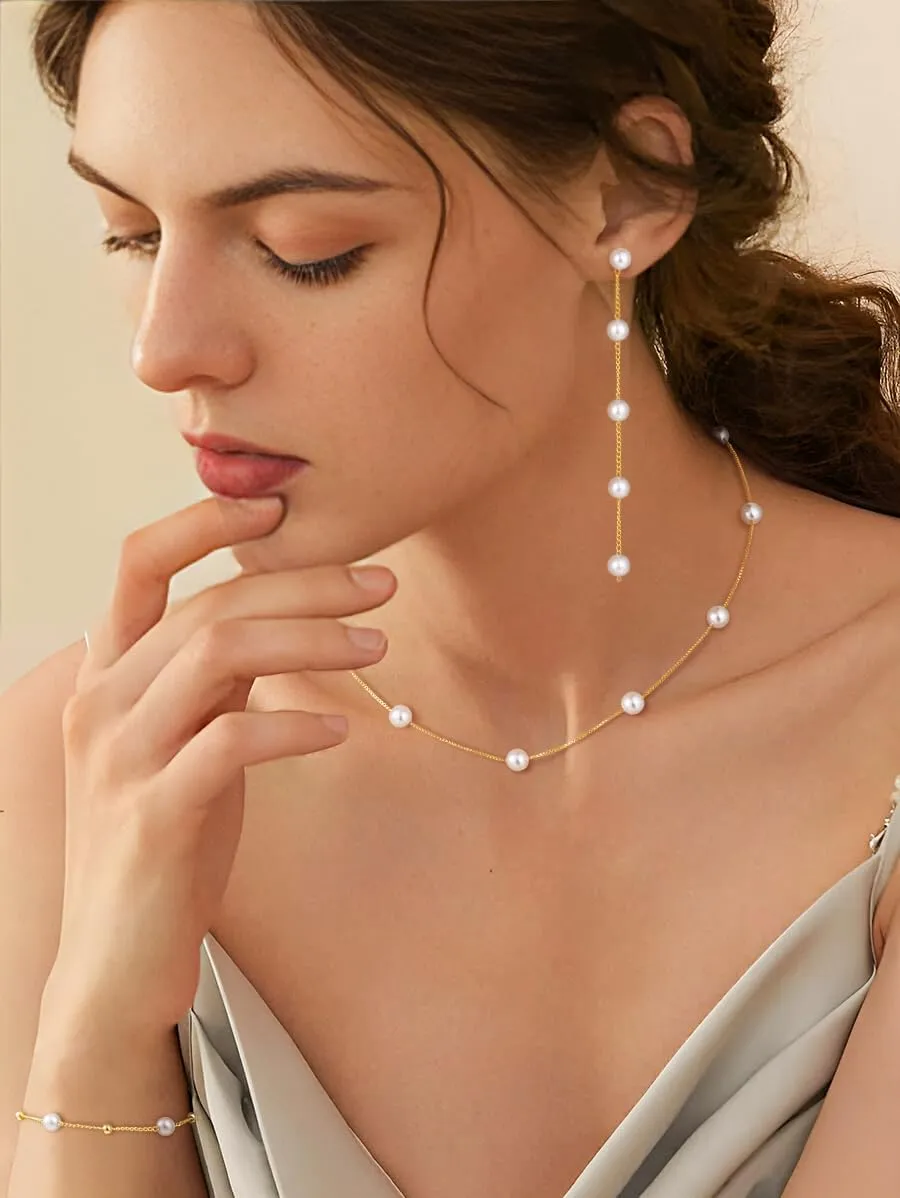 Gold Jewelry Set for Women, Dainty 14K Gold Plated Pearl Necklace and Pearl Earring Set Pearl Drop Earrings Pearl Bracelets Pearl Choker Necklace Wedding Jewelry Set for Gift