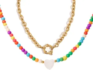 Gold Layered Bead Necklace for Women Trendy,Stainless Steel Stacking Choker Layering Chain Necklace