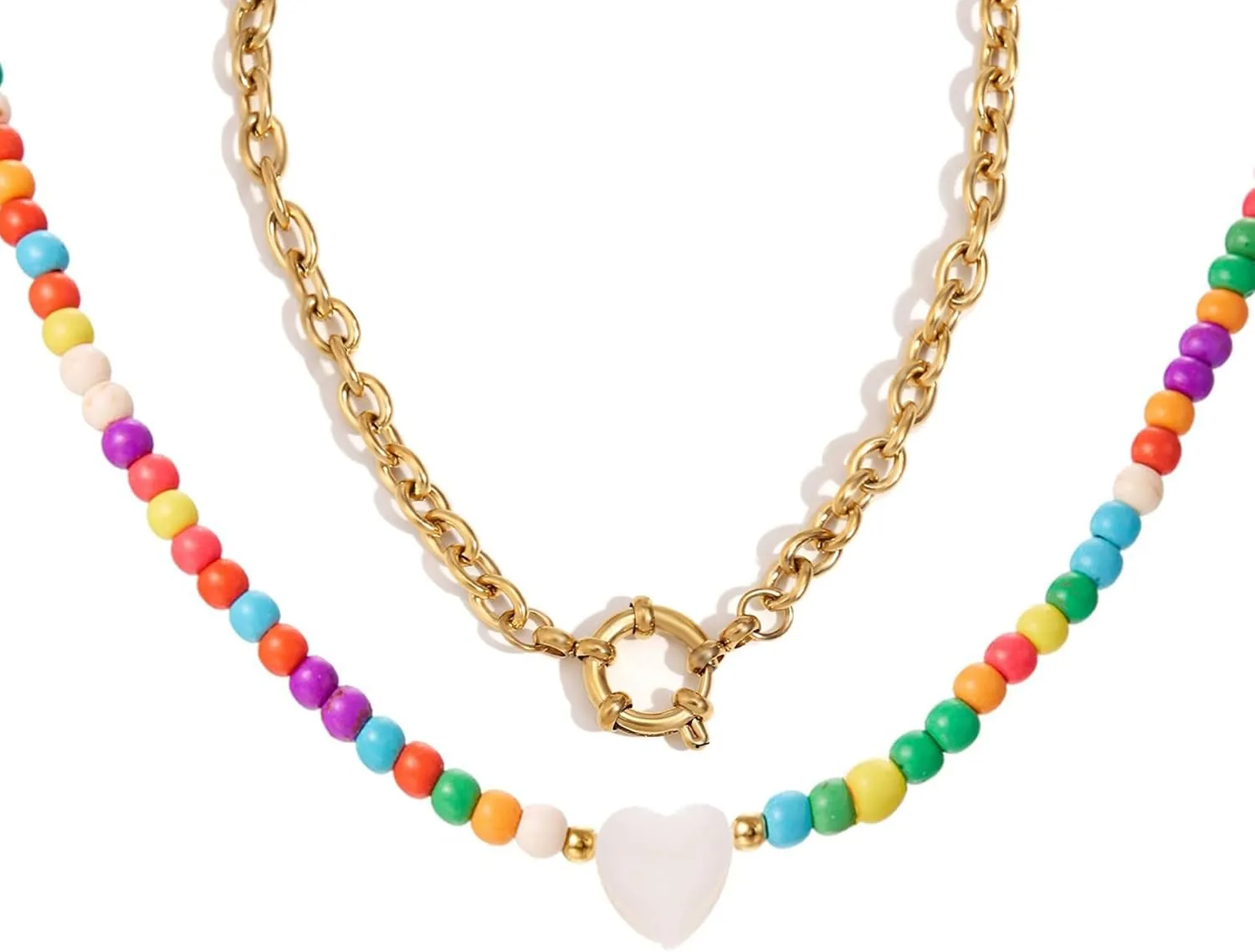 Gold Layered Bead Necklace for Women Trendy,Stainless Steel Stacking Choker Layering Chain Necklace