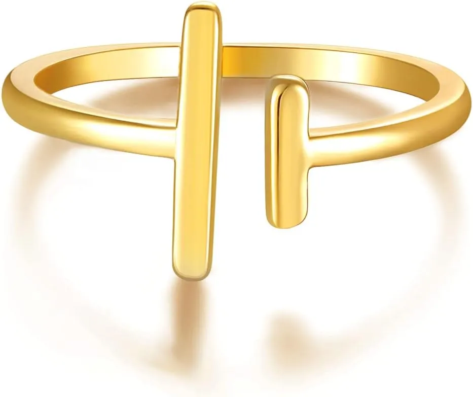 Gold Parallel Bar Ring for Women Asymmetrical Double T Line 14K Gold Plated Minimalist Stack Thin Band Open Finger Jewelry Size 5-8