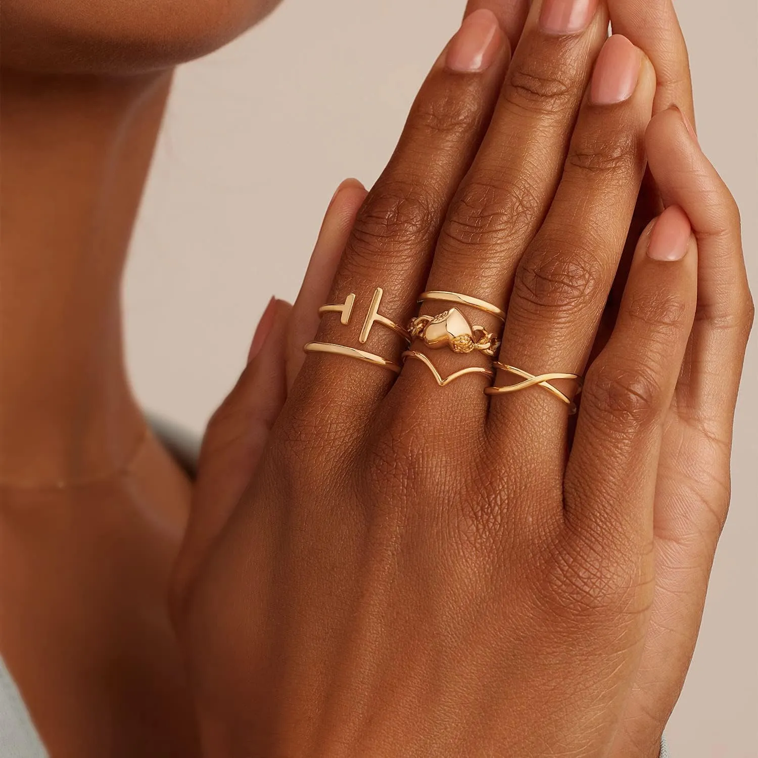 Gold Parallel Bar Ring for Women Asymmetrical Double T Line 14K Gold Plated Minimalist Stack Thin Band Open Finger Jewelry Size 5-8