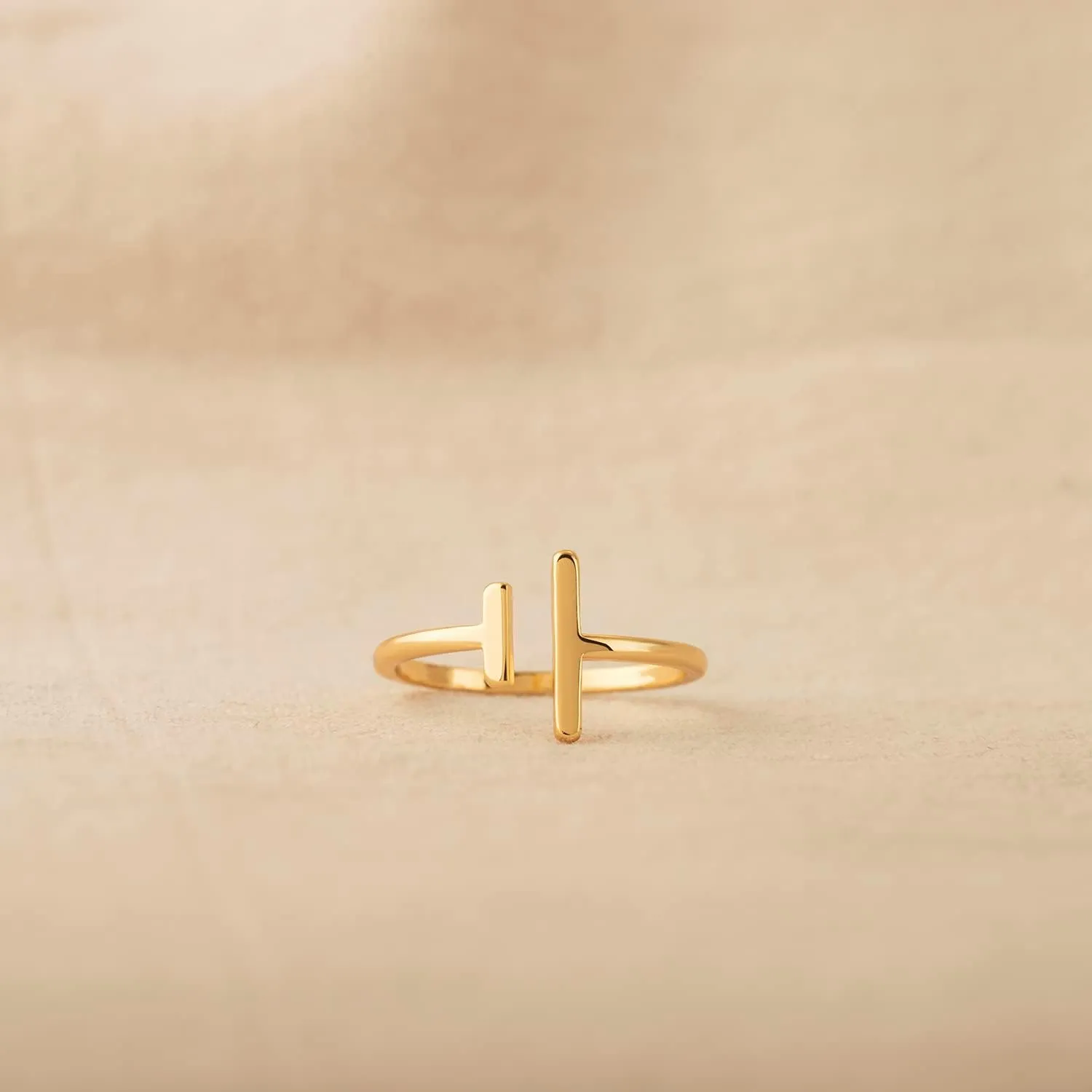 Gold Parallel Bar Ring for Women Asymmetrical Double T Line 14K Gold Plated Minimalist Stack Thin Band Open Finger Jewelry Size 5-8