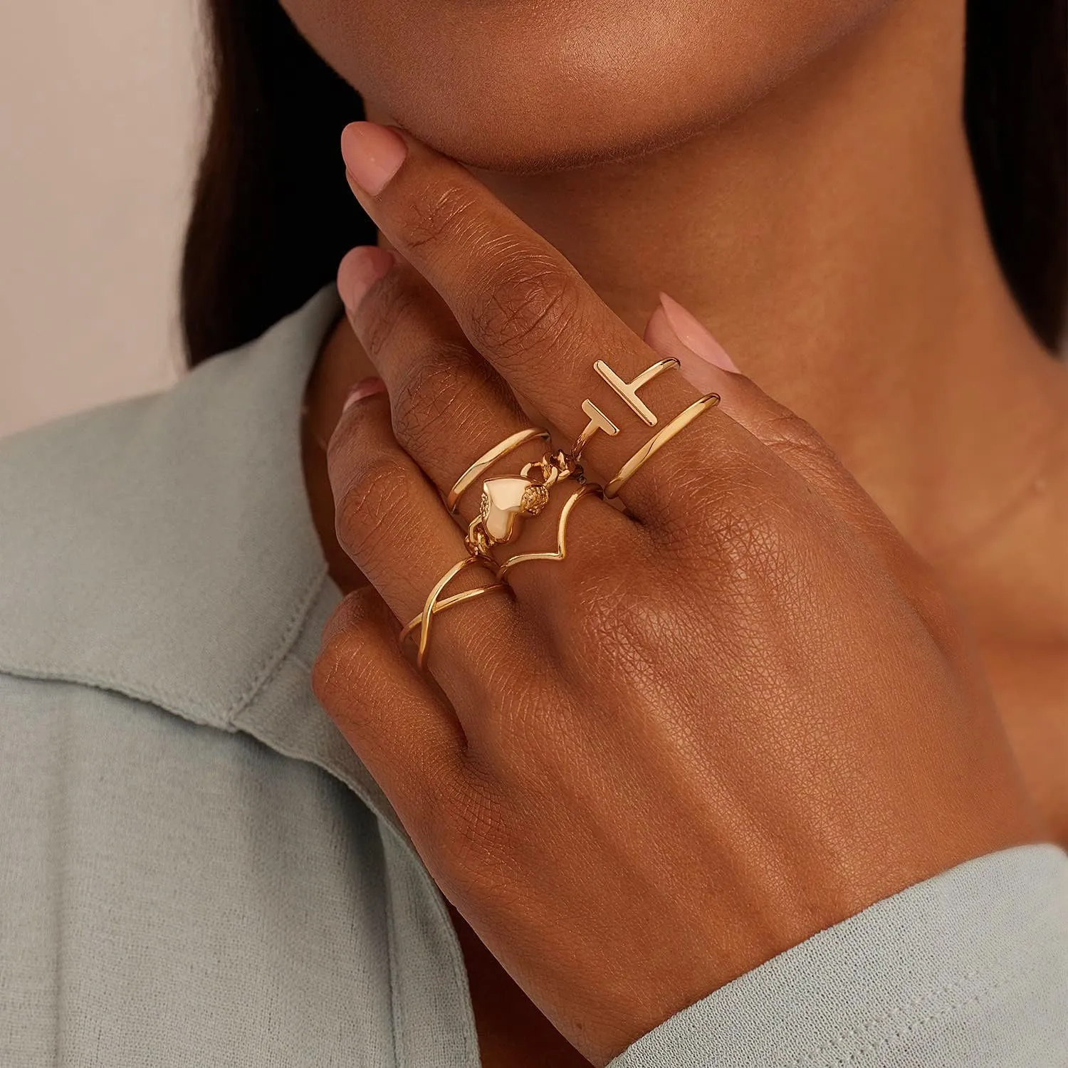Gold Parallel Bar Ring for Women Asymmetrical Double T Line 14K Gold Plated Minimalist Stack Thin Band Open Finger Jewelry Size 5-8