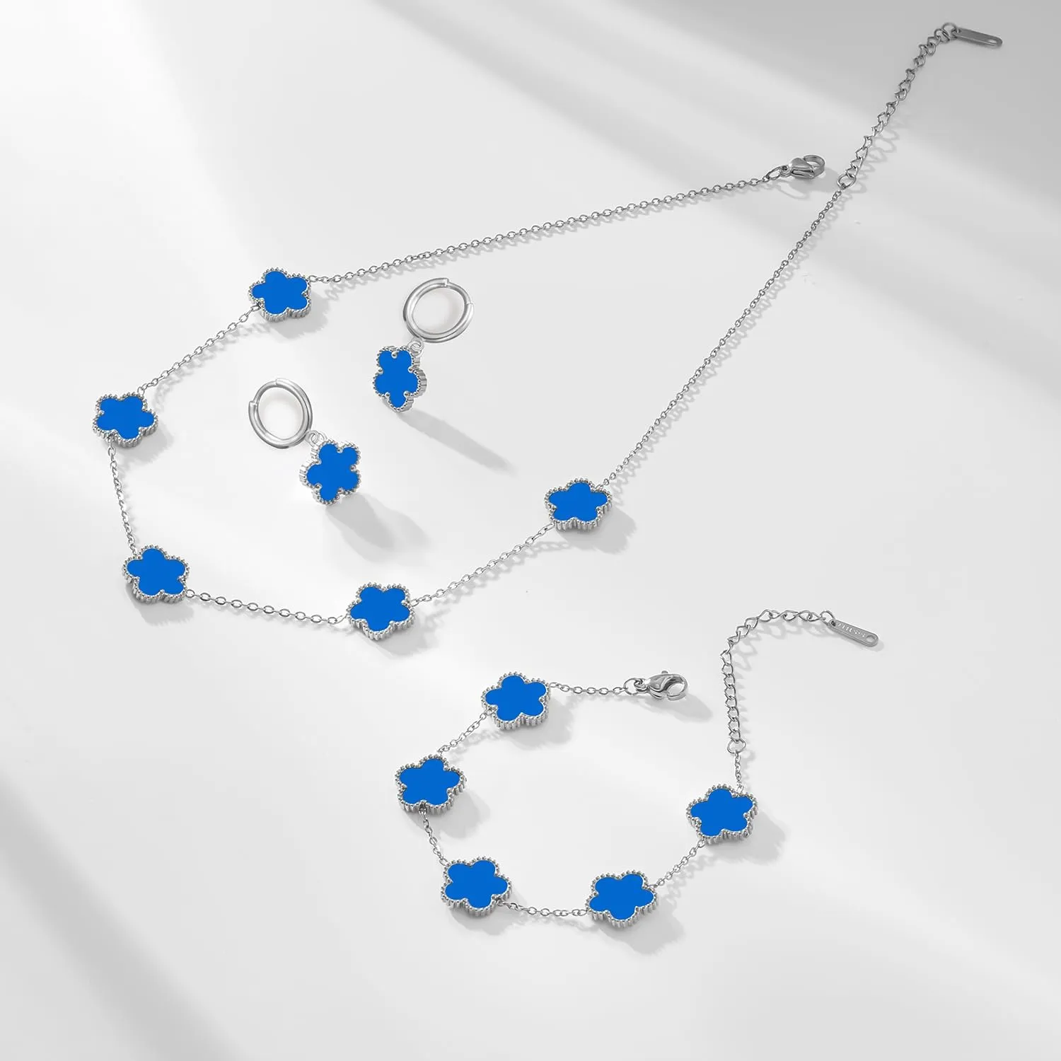 Gold Plated Stainless Steel Four Leaf Clover Bracelet Necklace and Earrings Jewelry Set for Women