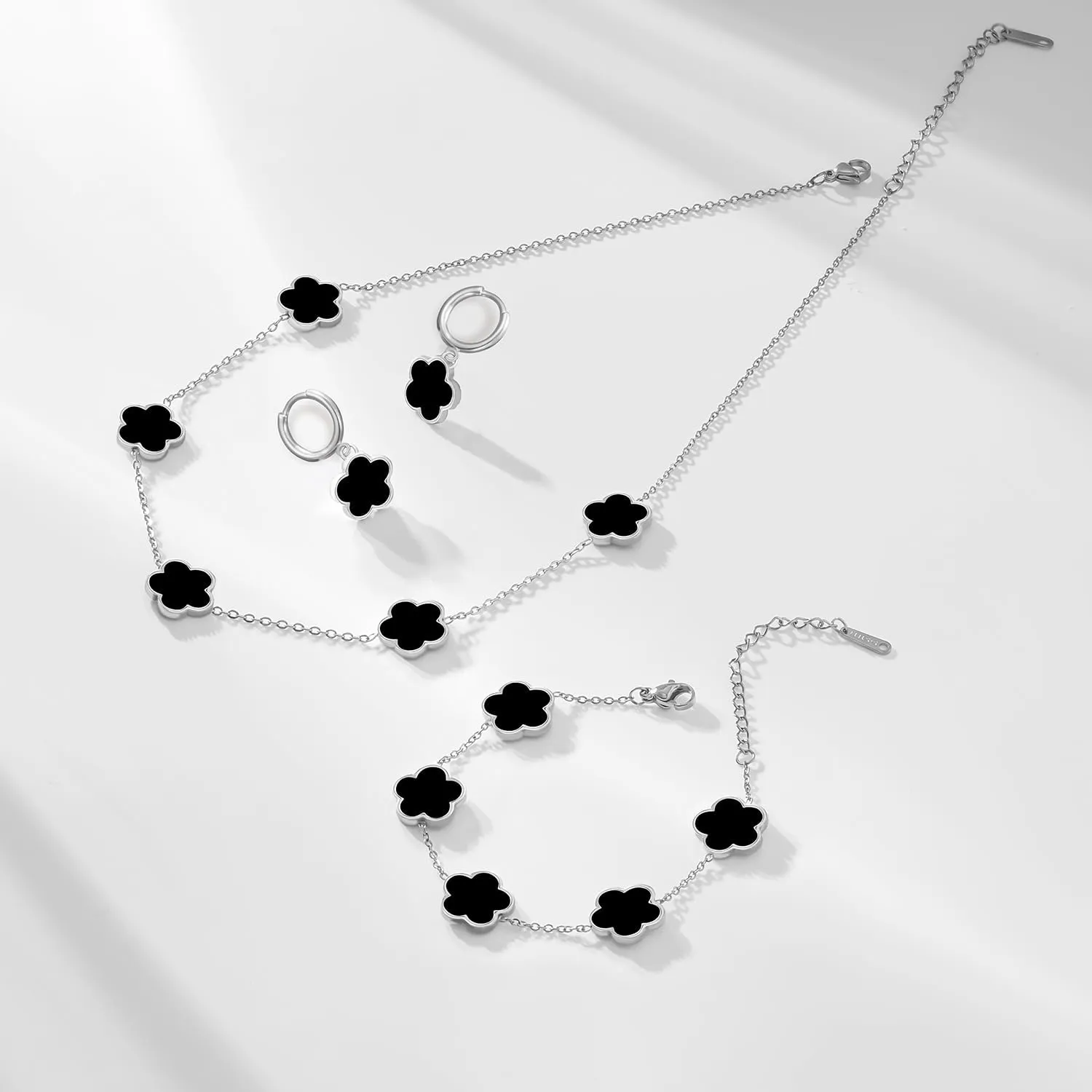 Gold Plated Stainless Steel Four Leaf Clover Bracelet Necklace and Earrings Jewelry Set for Women