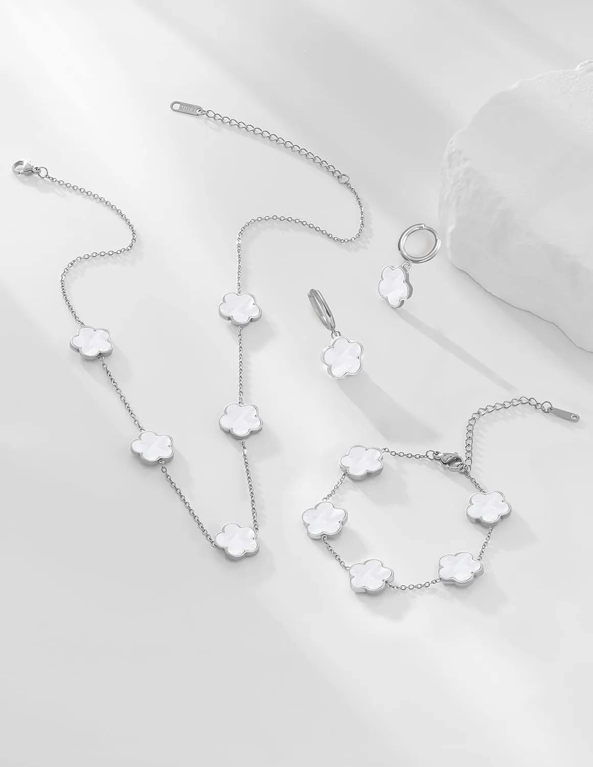 Gold Plated Stainless Steel Four Leaf Clover Bracelet Necklace and Earrings Jewelry Set for Women