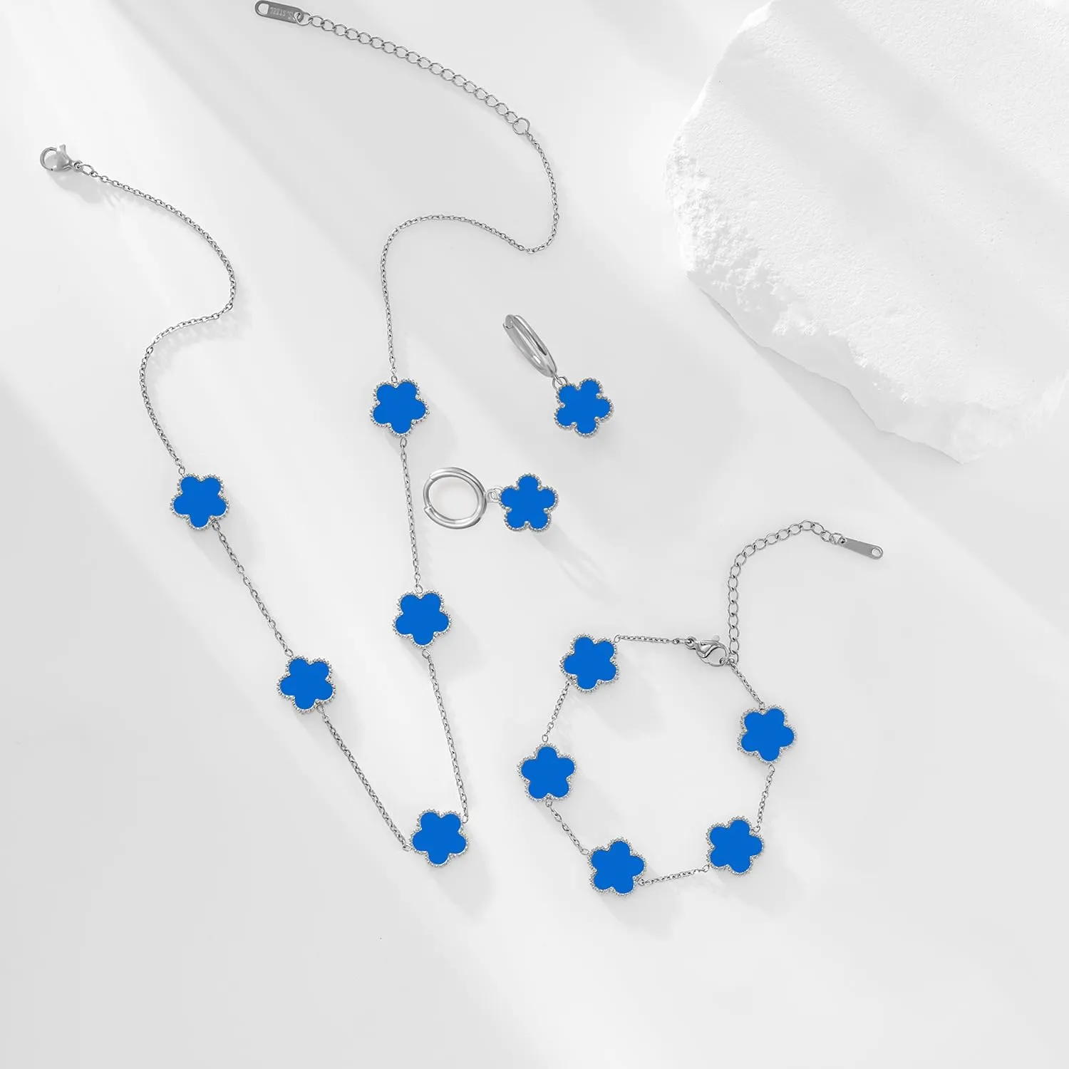 Gold Plated Stainless Steel Four Leaf Clover Bracelet Necklace and Earrings Jewelry Set for Women