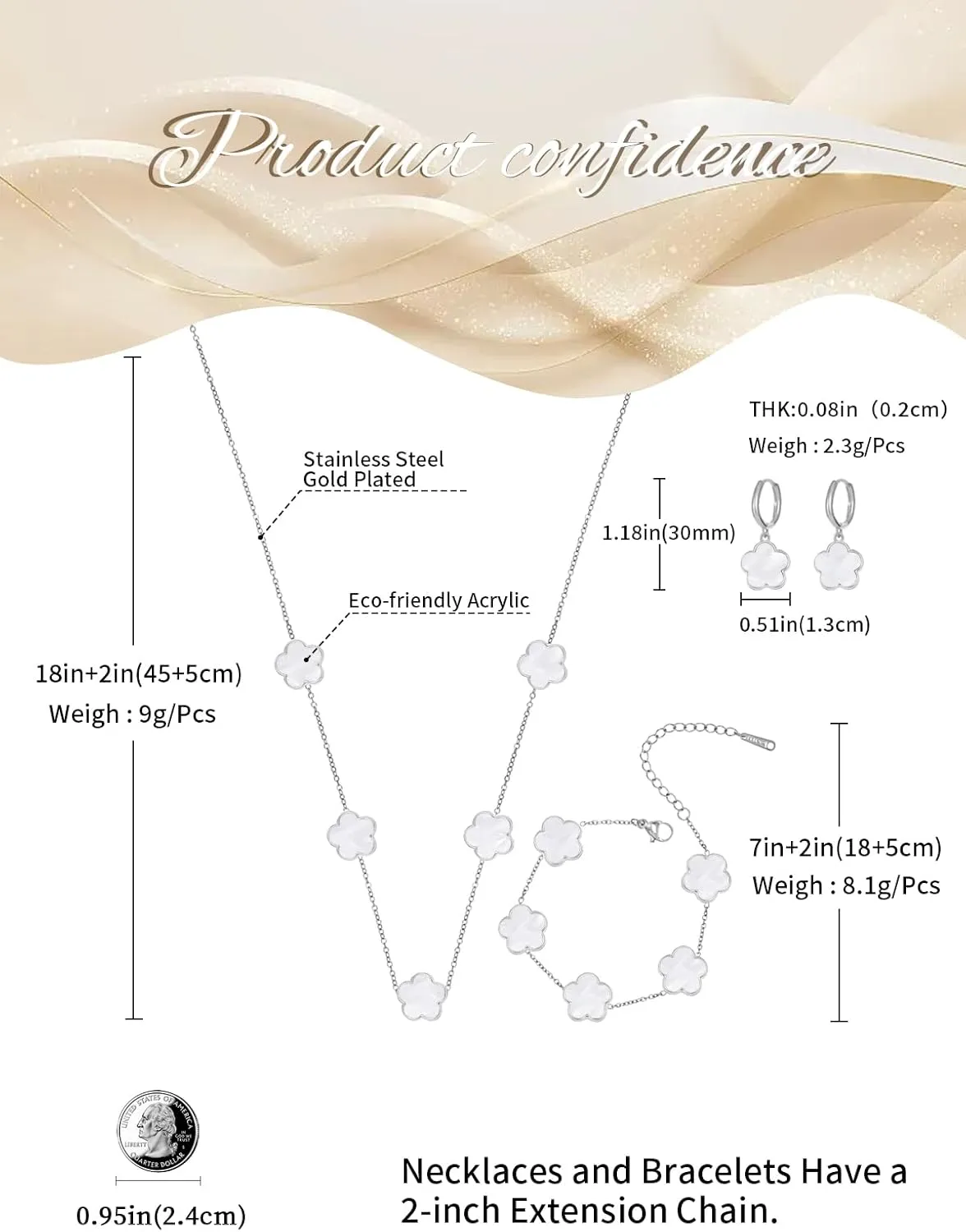 Gold Plated Stainless Steel Four Leaf Clover Bracelet Necklace and Earrings Jewelry Set for Women