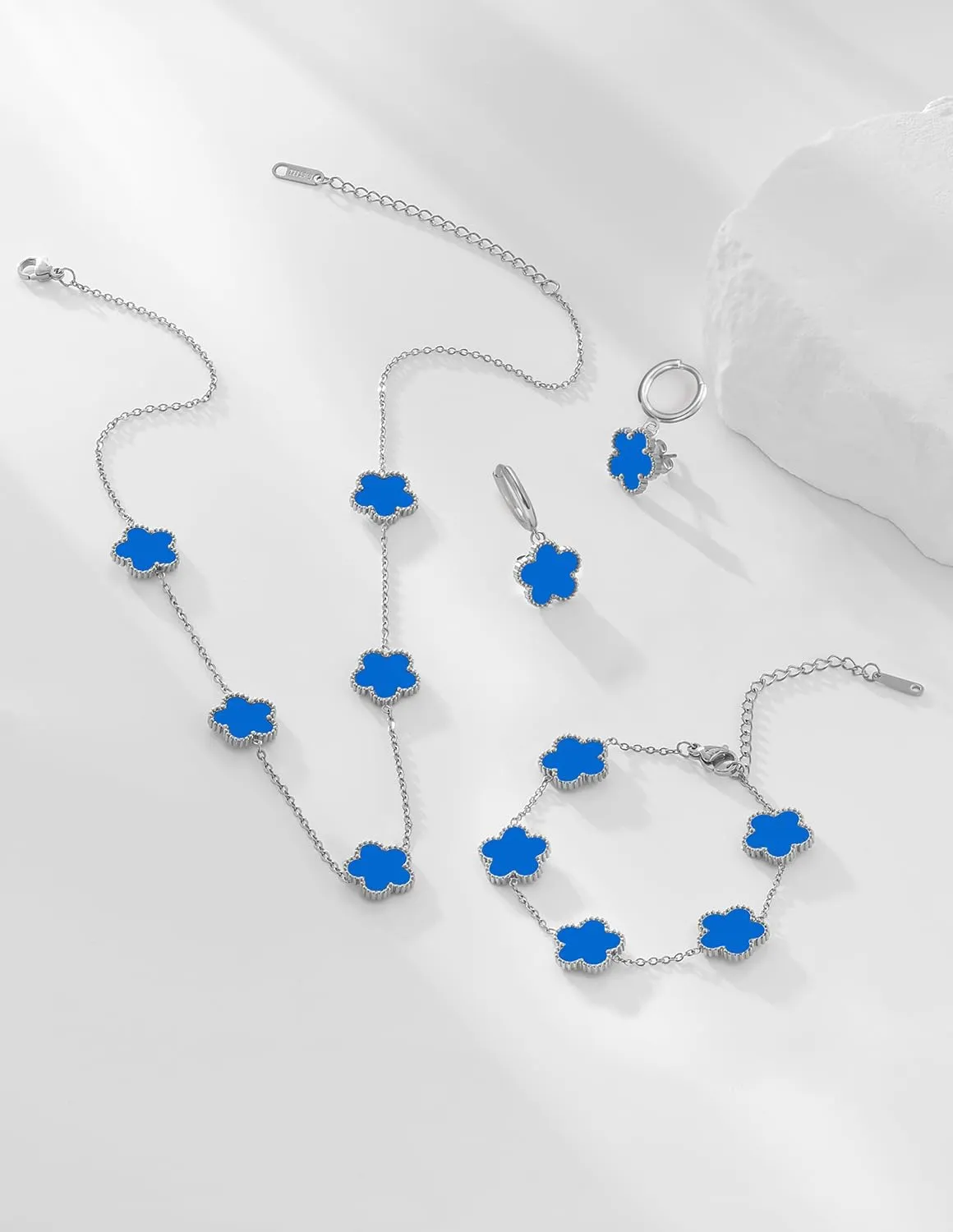 Gold Plated Stainless Steel Four Leaf Clover Bracelet Necklace and Earrings Jewelry Set for Women