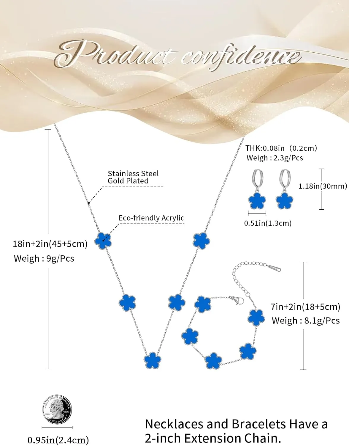 Gold Plated Stainless Steel Four Leaf Clover Bracelet Necklace and Earrings Jewelry Set for Women