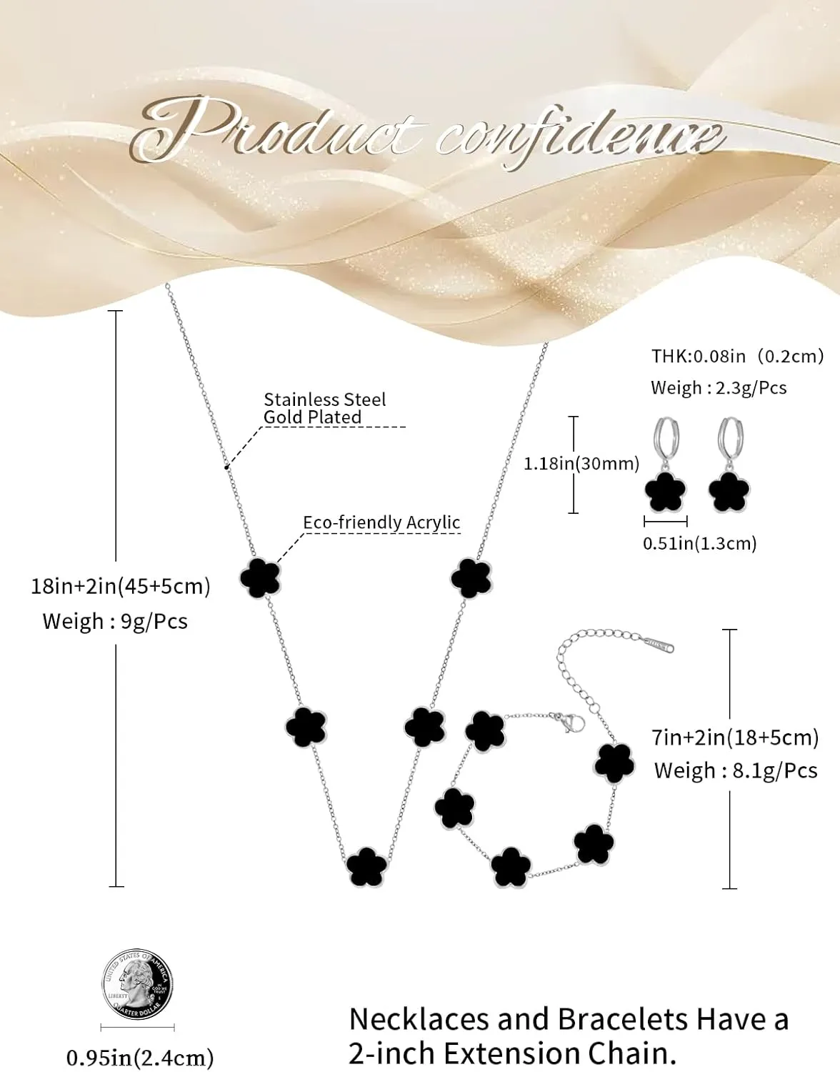 Gold Plated Stainless Steel Four Leaf Clover Bracelet Necklace and Earrings Jewelry Set for Women