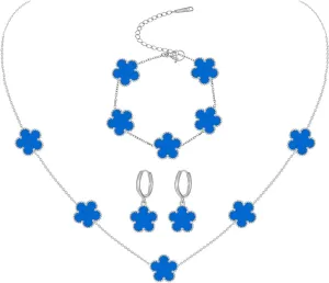 Gold Plated Stainless Steel Four Leaf Clover Bracelet Necklace and Earrings Jewelry Set for Women