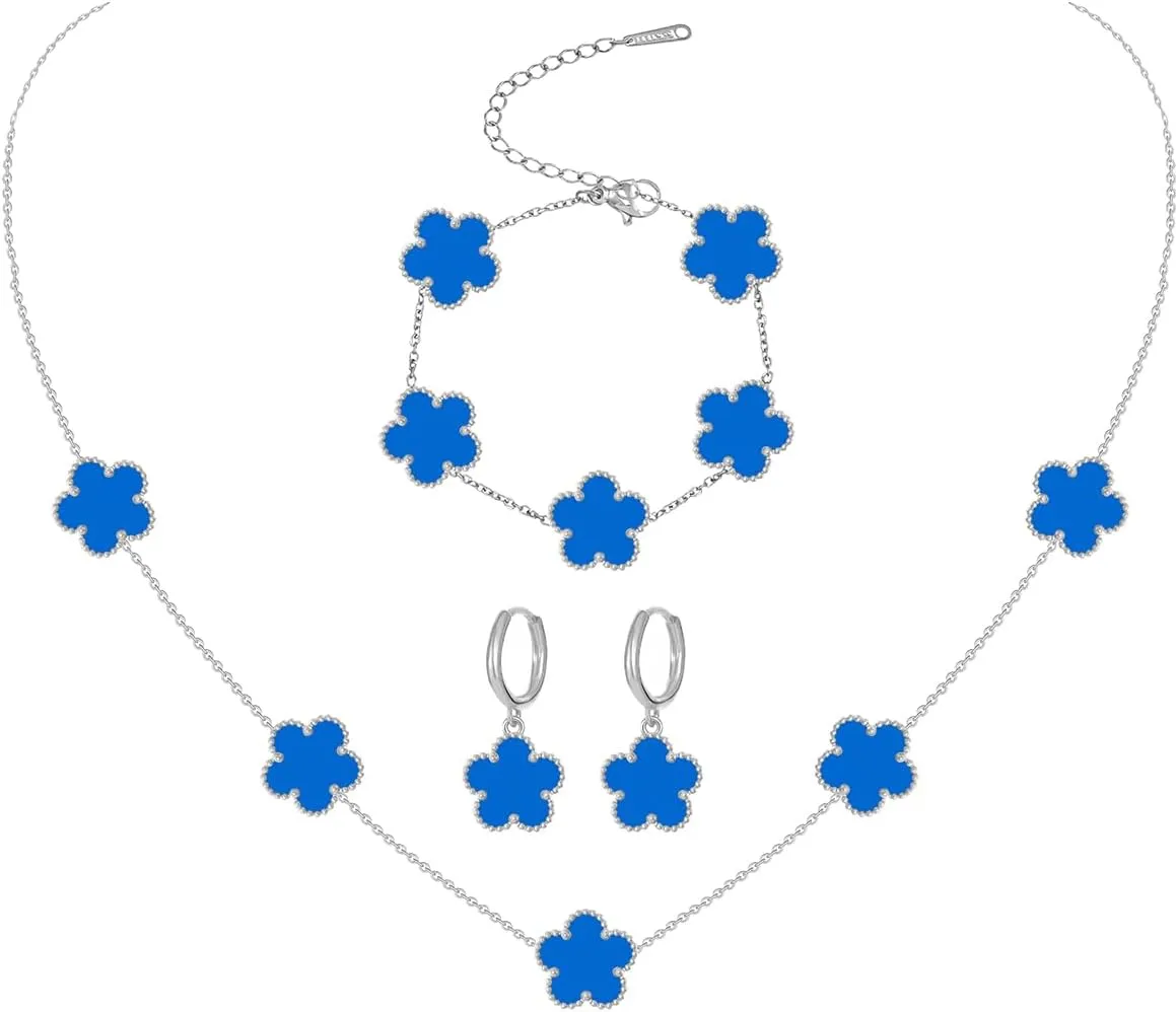 Gold Plated Stainless Steel Four Leaf Clover Bracelet Necklace and Earrings Jewelry Set for Women
