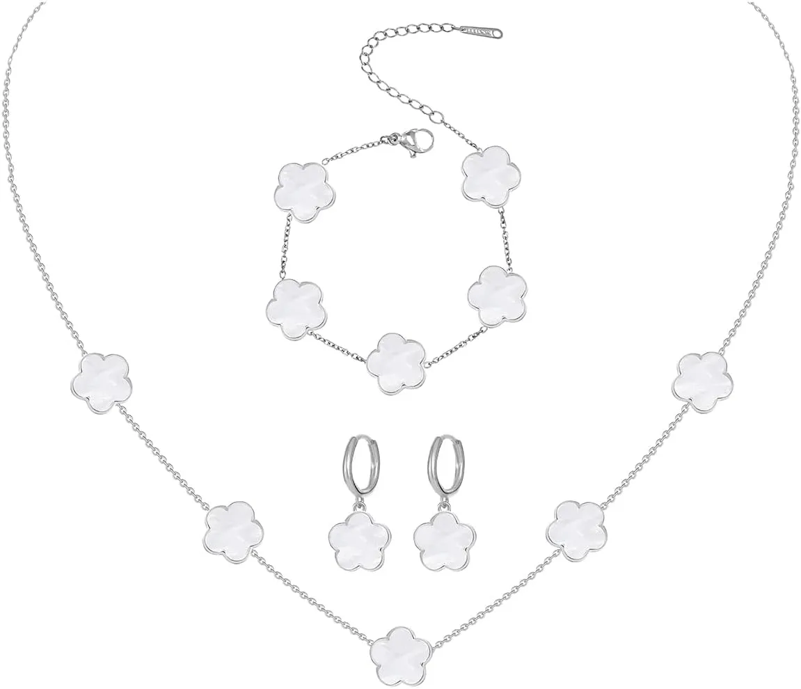 Gold Plated Stainless Steel Four Leaf Clover Bracelet Necklace and Earrings Jewelry Set for Women