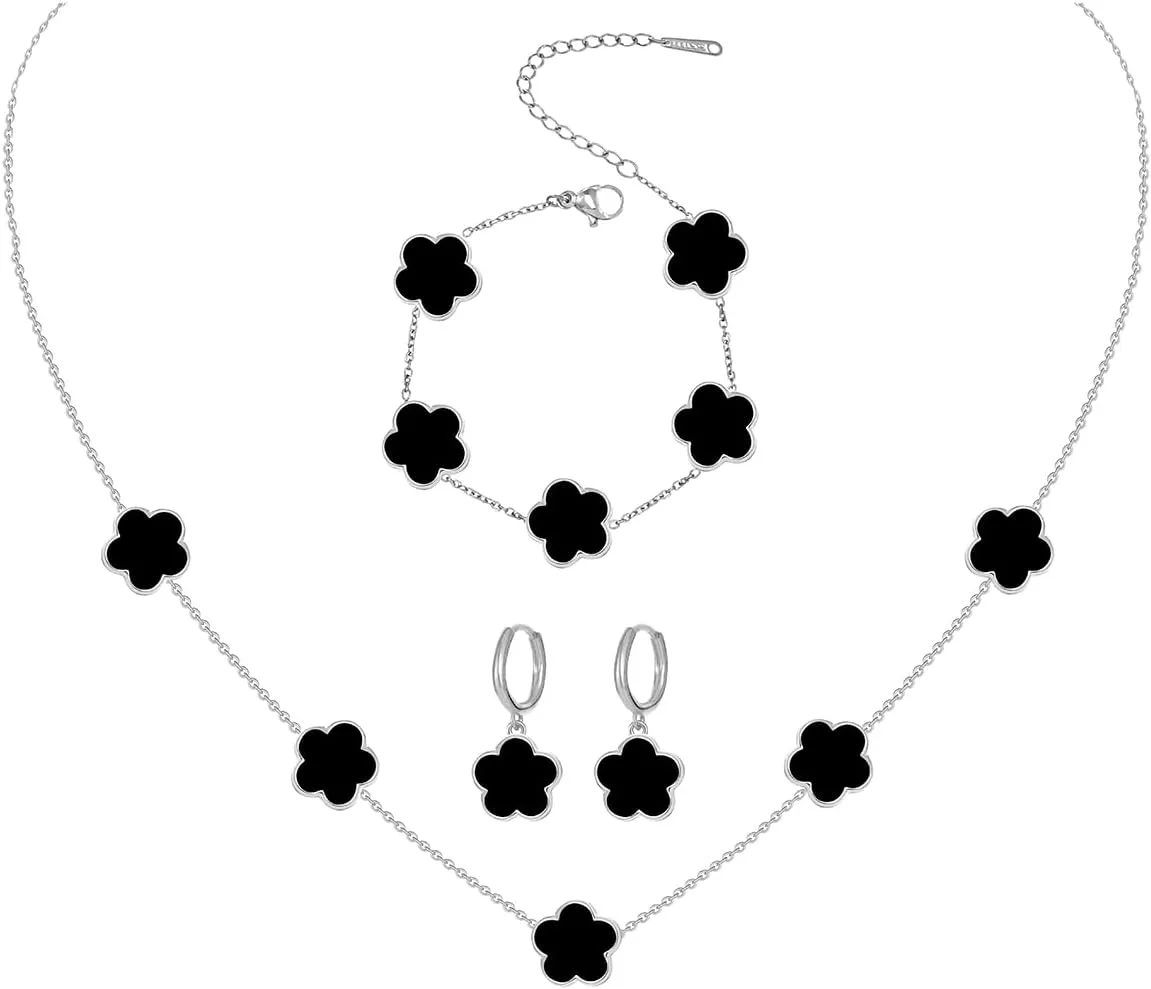 Gold Plated Stainless Steel Four Leaf Clover Bracelet Necklace and Earrings Jewelry Set for Women
