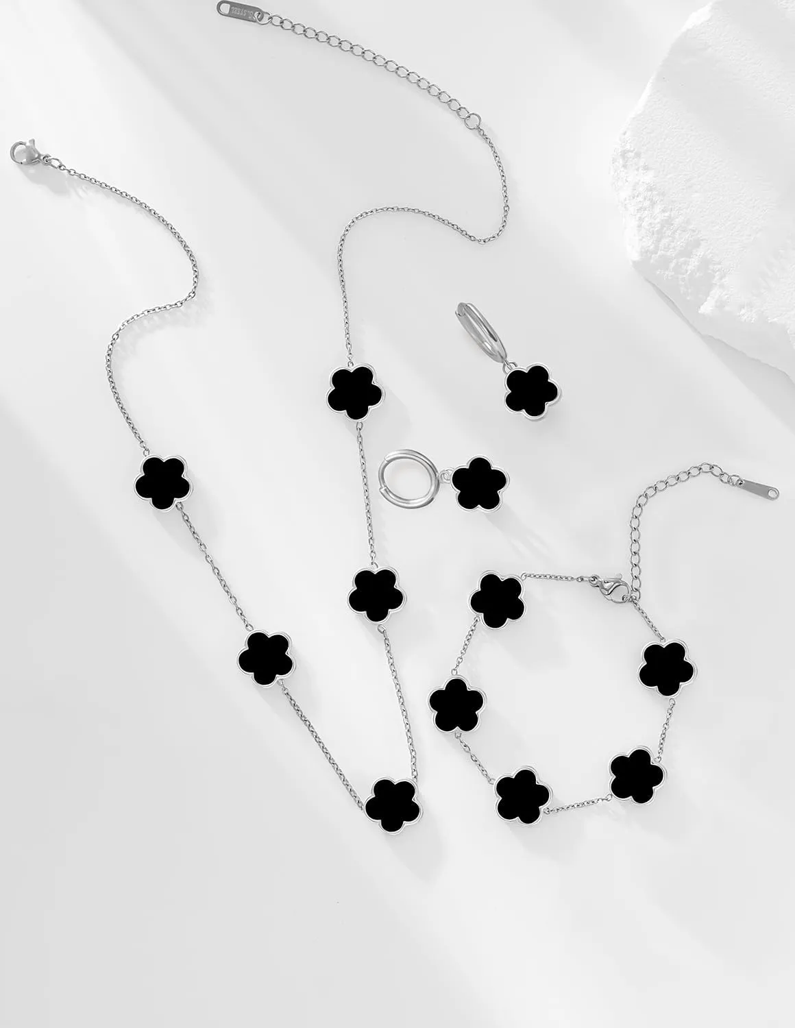 Gold Plated Stainless Steel Four Leaf Clover Bracelet Necklace and Earrings Jewelry Set for Women