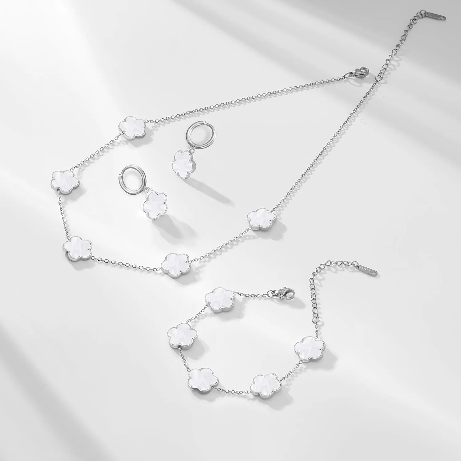 Gold Plated Stainless Steel Four Leaf Clover Bracelet Necklace and Earrings Jewelry Set for Women