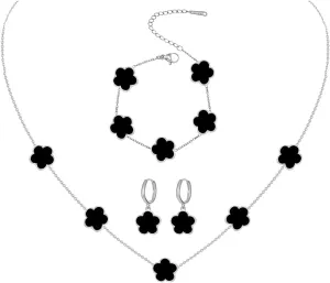 Gold Plated Stainless Steel Four Leaf Clover Bracelet Necklace and Earrings Jewelry Set for Women