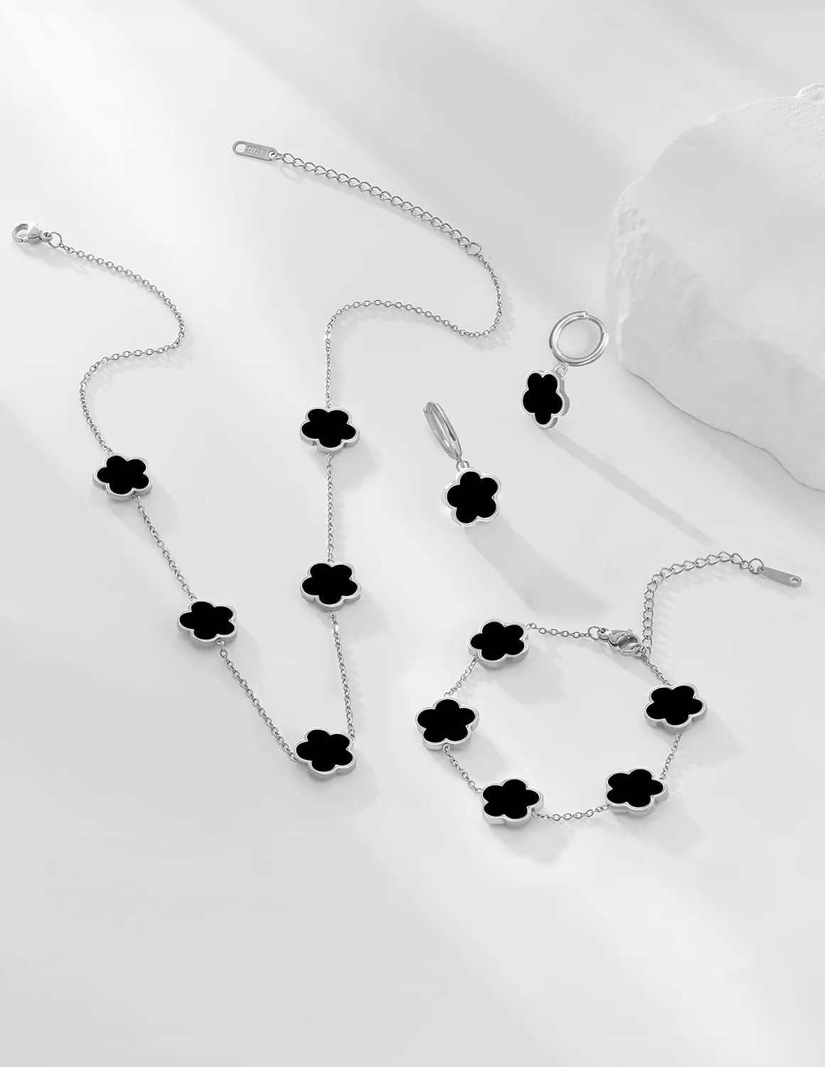 Gold Plated Stainless Steel Four Leaf Clover Bracelet Necklace and Earrings Jewelry Set for Women