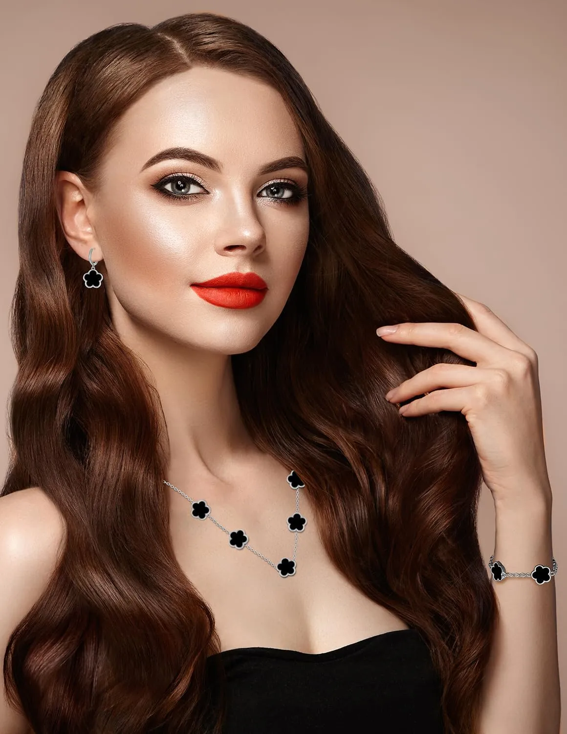 Gold Plated Stainless Steel Four Leaf Clover Bracelet Necklace and Earrings Jewelry Set for Women