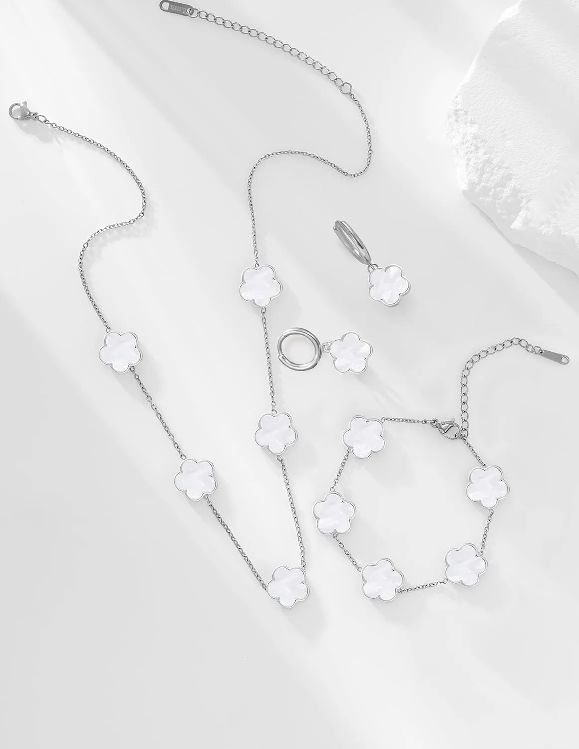 Gold Plated Stainless Steel Four Leaf Clover Bracelet Necklace and Earrings Jewelry Set for Women