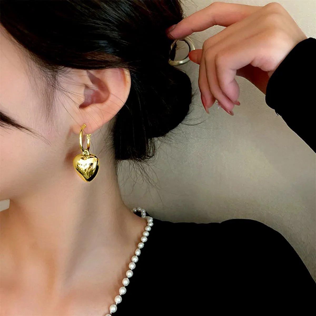 Gold Puffy Heart Dangle Earring for Women,Trendy Silver Chunky Love Drop Earring,Hypoallergenic Huggie Hoop Earring for Jewelry Gift