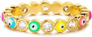Gold Rainbow Evil Eye Ring for Women Cubic Zirconia Station 14K Gold Plated Minimalist Stack Finger Protection Jewelry Size 5-8