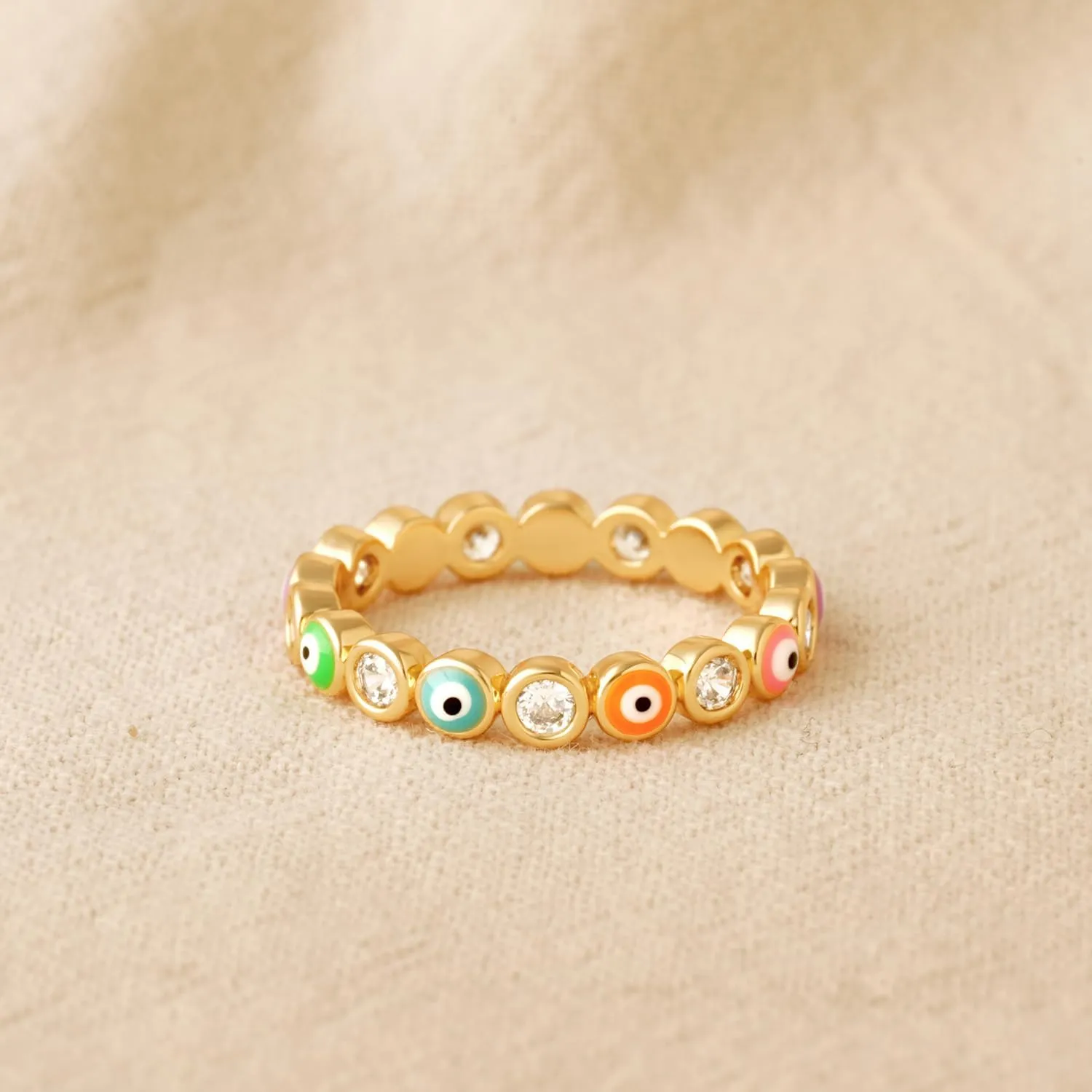 Gold Rainbow Evil Eye Ring for Women Cubic Zirconia Station 14K Gold Plated Minimalist Stack Finger Protection Jewelry Size 5-8