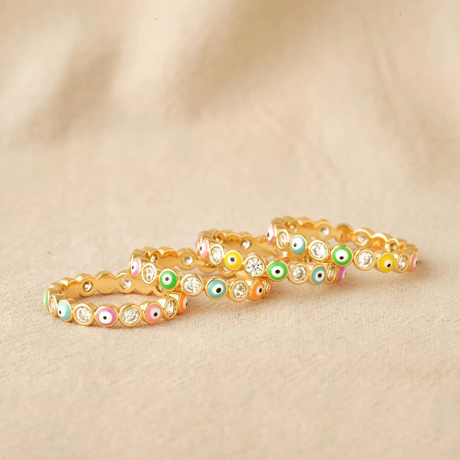 Gold Rainbow Evil Eye Ring for Women Cubic Zirconia Station 14K Gold Plated Minimalist Stack Finger Protection Jewelry Size 5-8