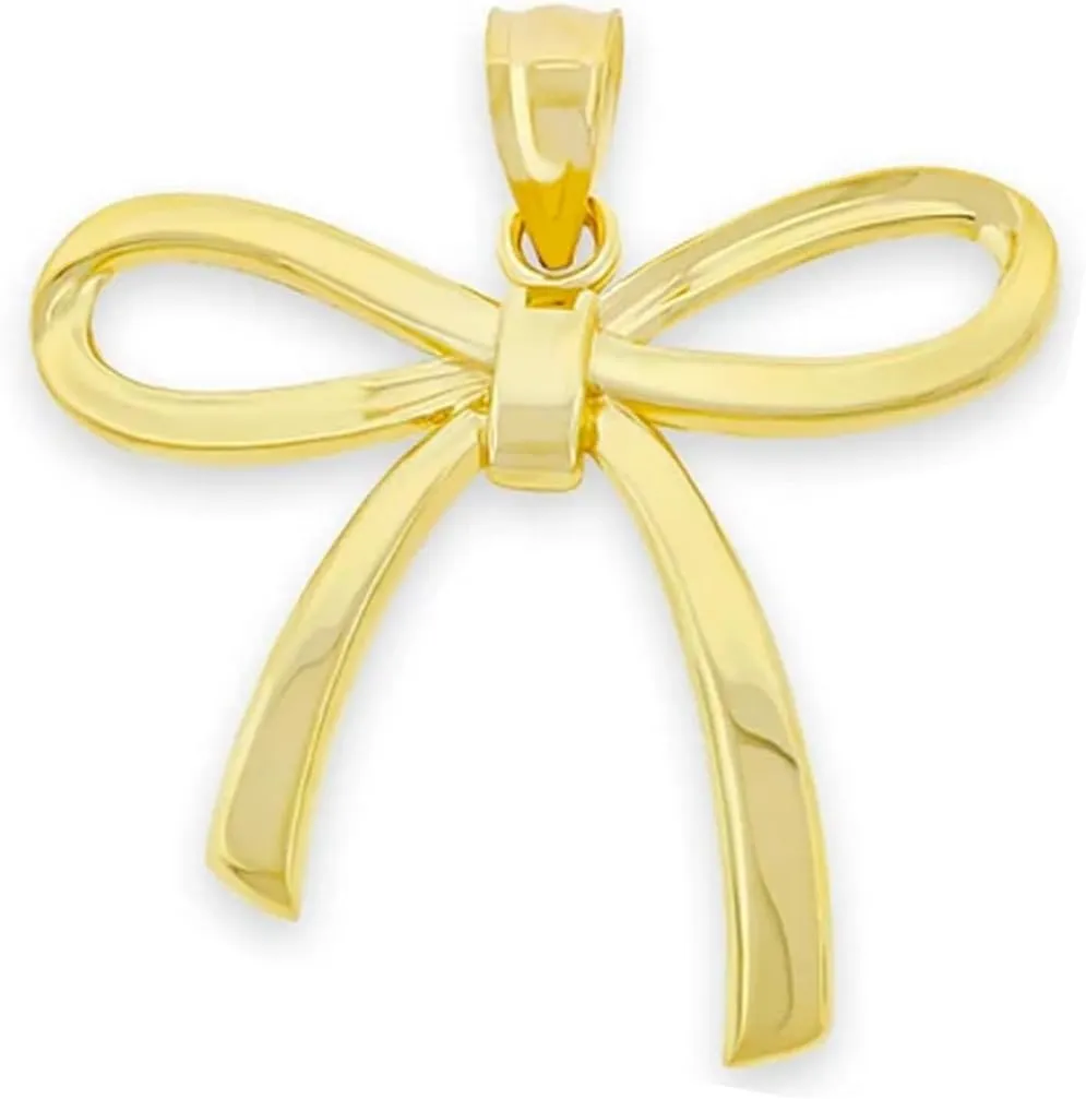 Gold Ribbon Bow Charm - 10 Karat Solid Gold - Ribbon Pendant For Necklace - Yellow Gold and Rose Gold